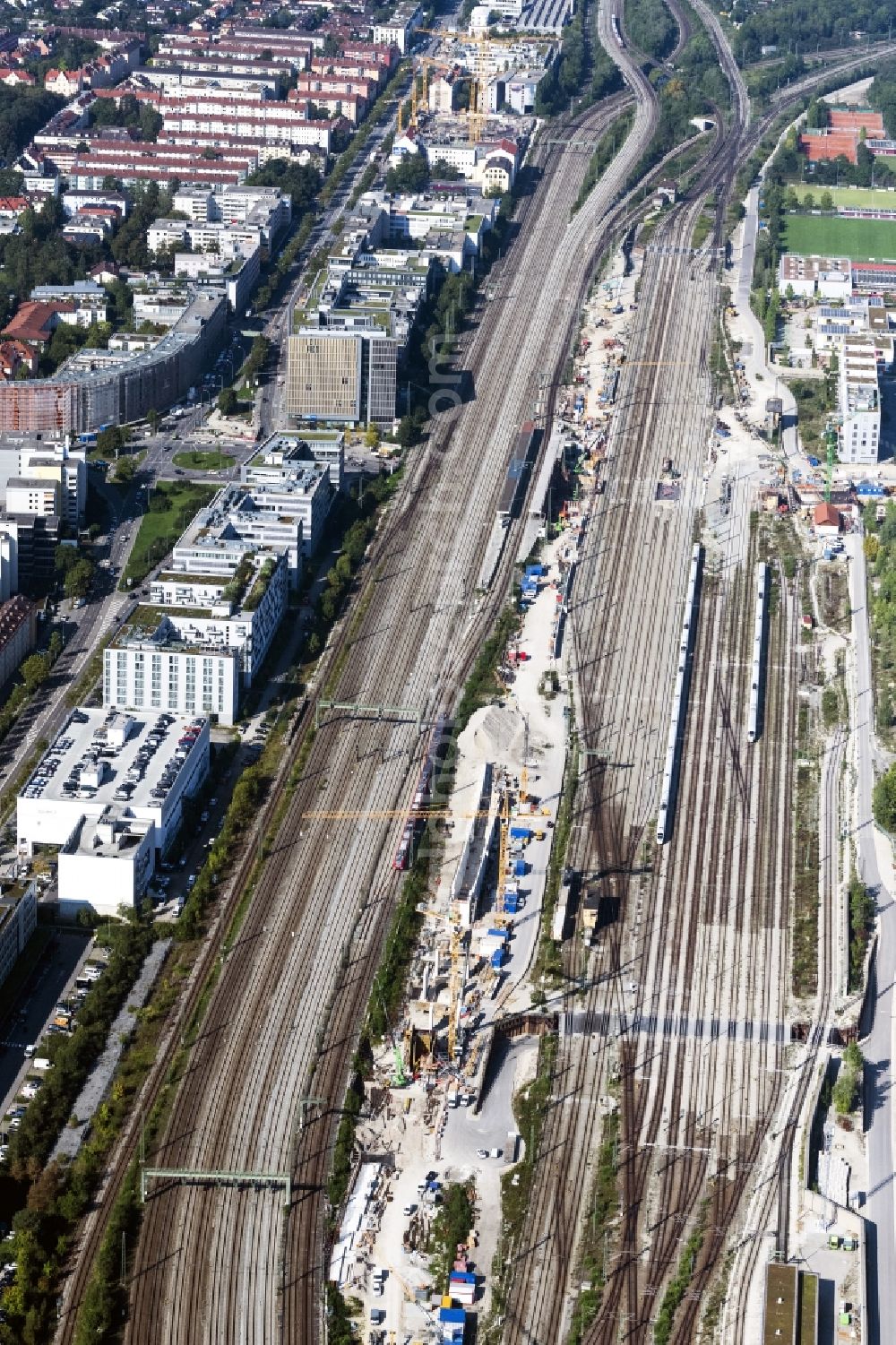 Aerial photograph München - Maintenance work on a rail track and overhead wiring harness in the route network of the Deutsche Bahn in Munich in the state Bavaria, Germany