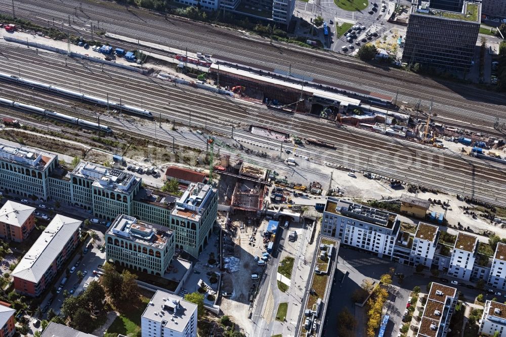 Aerial image München - Maintenance work on a rail track and overhead wiring harness in the route network of the Deutsche Bahn in Munich in the state Bavaria, Germany