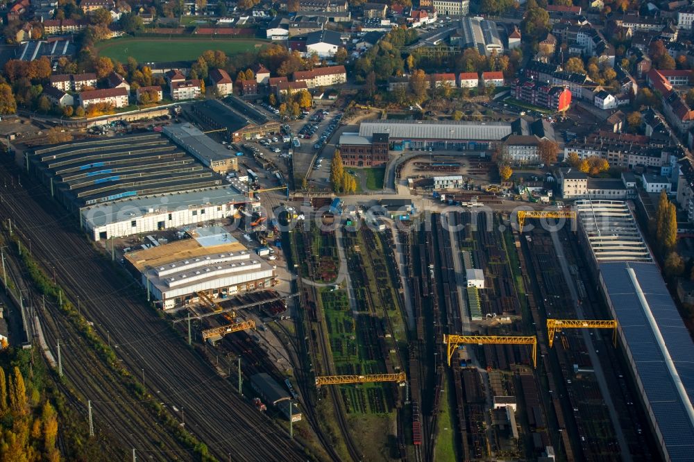 Witten from above - Maintenance work on railway tracks and the historic deflector works at the main station of Witten in the state of North Rhine-Westphalia. A fire destroyed the historic works which are now being renovated