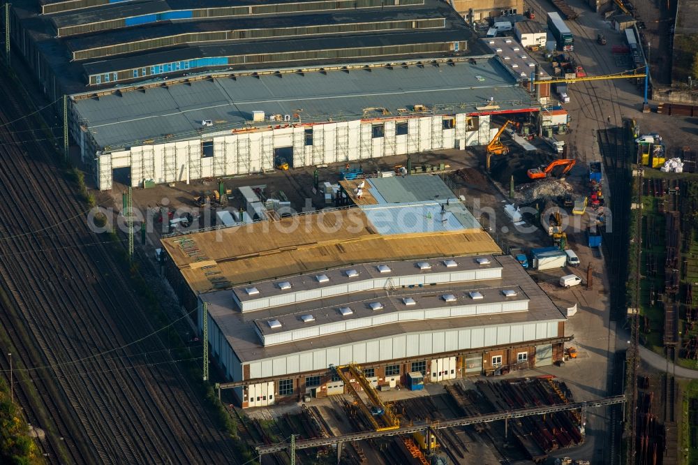 Witten from the bird's eye view: Maintenance work on railway tracks and the historic deflector works at the main station of Witten in the state of North Rhine-Westphalia. A fire destroyed the historic works which are now being renovated