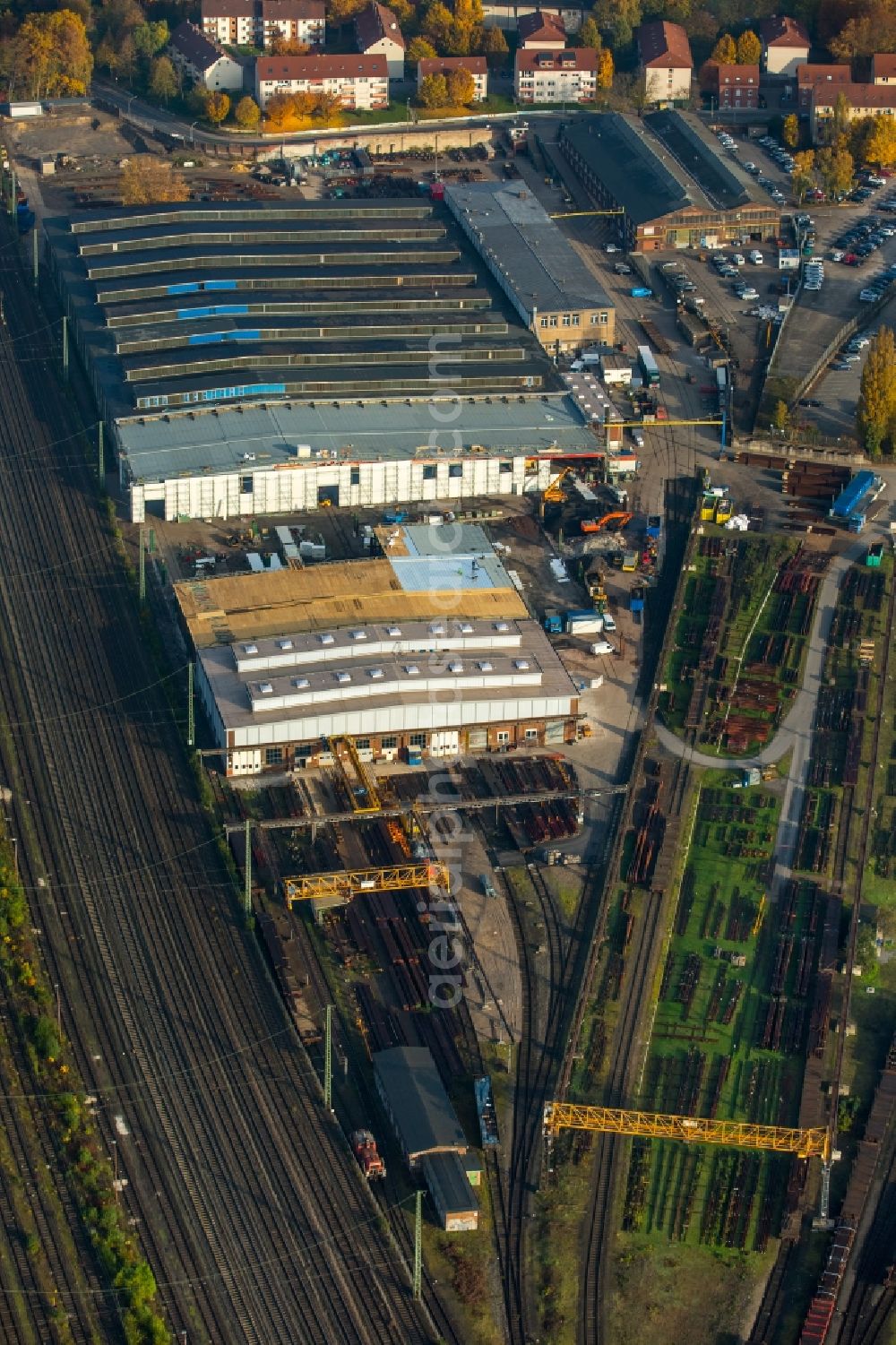 Aerial image Witten - Maintenance work on railway tracks and the historic deflector works at the main station of Witten in the state of North Rhine-Westphalia. A fire destroyed the historic works which are now being renovated