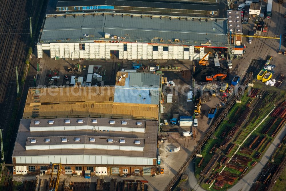 Aerial photograph Witten - Maintenance work on railway tracks and the historic deflector works at the main station of Witten in the state of North Rhine-Westphalia. A fire destroyed the historic works which are now being renovated