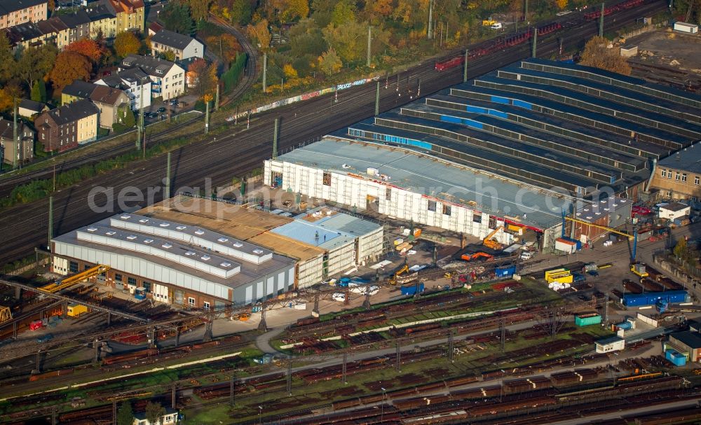 Witten from above - Maintenance work on railway tracks and the historic deflector works at the main station of Witten in the state of North Rhine-Westphalia. A fire destroyed the historic works which are now being renovated