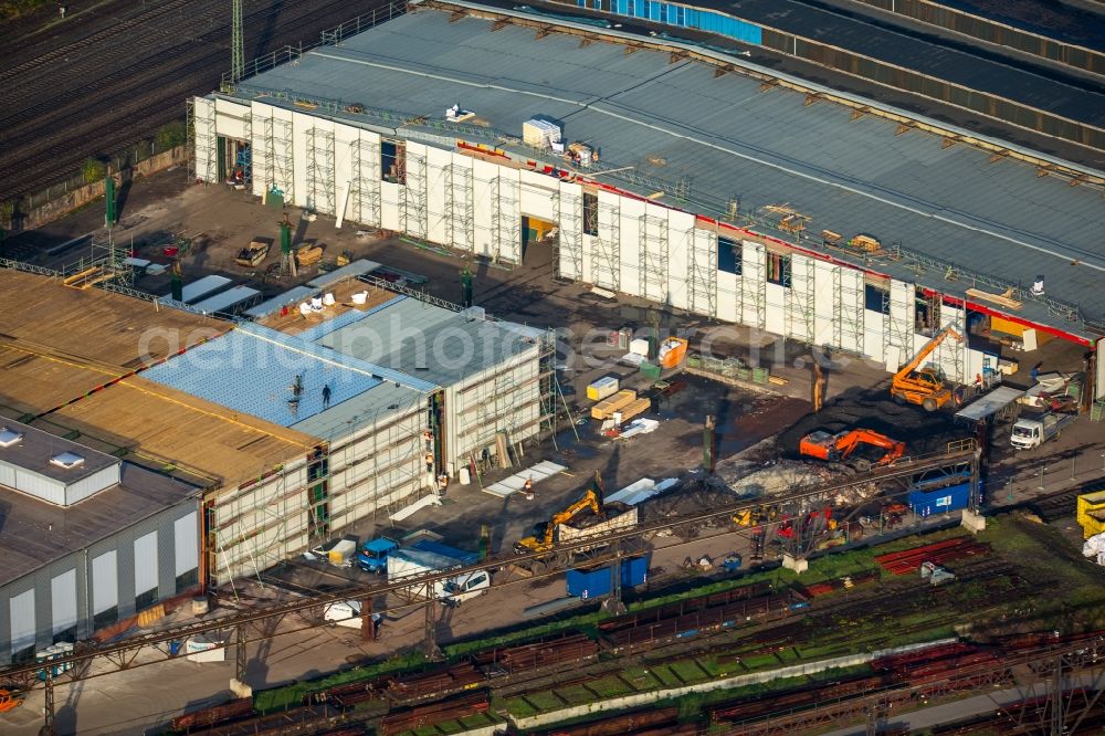 Witten from the bird's eye view: Maintenance work on railway tracks and the historic deflector works at the main station of Witten in the state of North Rhine-Westphalia. A fire destroyed the historic works which are now being renovated