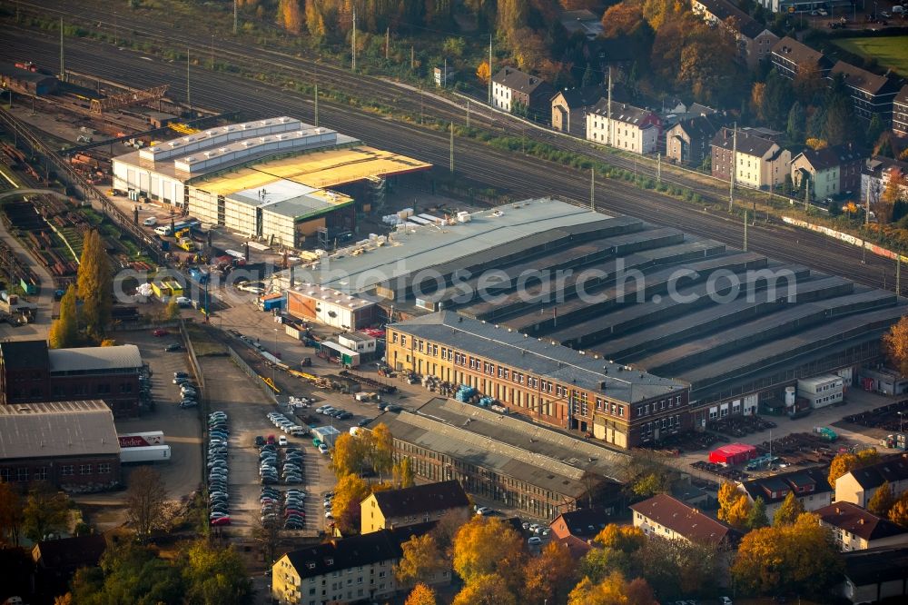 Witten from the bird's eye view: Maintenance work on railway tracks and the historic deflector works at the main station of Witten in the state of North Rhine-Westphalia. A fire destroyed the historic works which are now being renovated