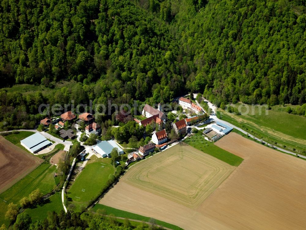 Schelklingen from above - The Benedictine monastery at Urspring Schelklingen, founded after 1127, disbanded in 1806, was a priory of the monastery of St. Georgen in the Black Forest. Today it houses the boarding Urspringschule