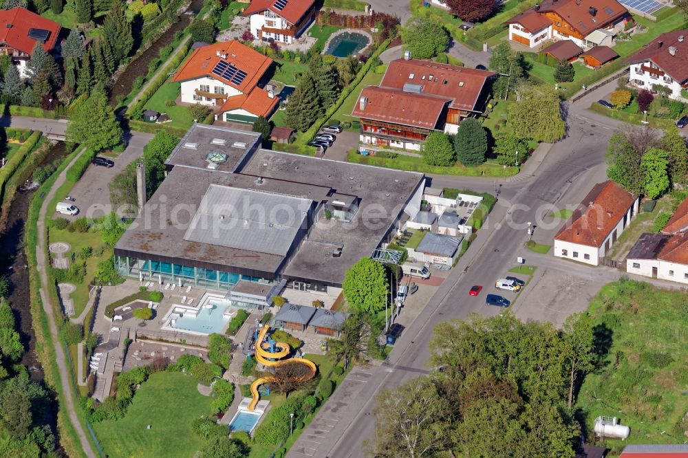 Bad Wiessee from the bird's eye view: Waterslide on Swimming pool of the badepark in Bad Wiessee in the state Bavaria, Germany