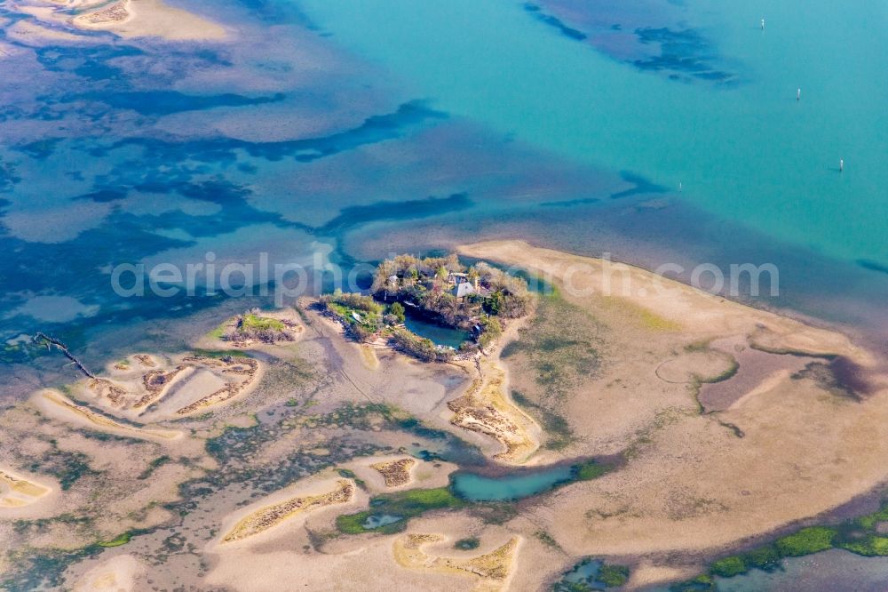 Lignano Sabbiadoro from the bird's eye view: Marsh land, beaches and fishermens hut on the Isola Sant Andrea in the Lido of Grado near Lignano Sabbiadoro in Friuli-Venezia Giulia, Italy