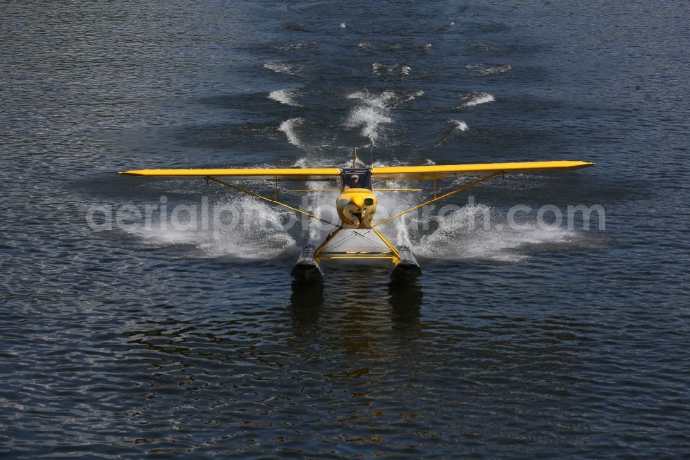 Zeltingen-Rachtig from above - Seaplane Piper PA-18 Super Cub on the Moselle with pines in Zeltingen in the state Rhineland-Palatinate. No use for reports on aviation accidents