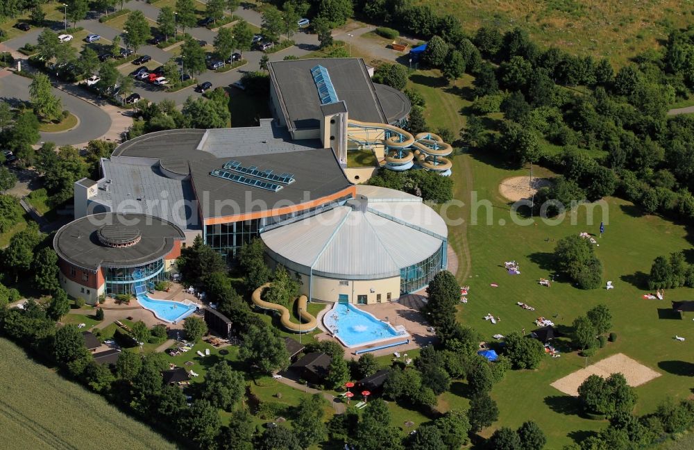 Zeulenroda-Triebes from above - Water recreational paradise in Waikiki near Zeulenroda-Triebes in the state of Thuringia. A spa with Hawaiian tropical bath, sports pool and a sauna. It covers nearly 1000 square meters and is designed tropical