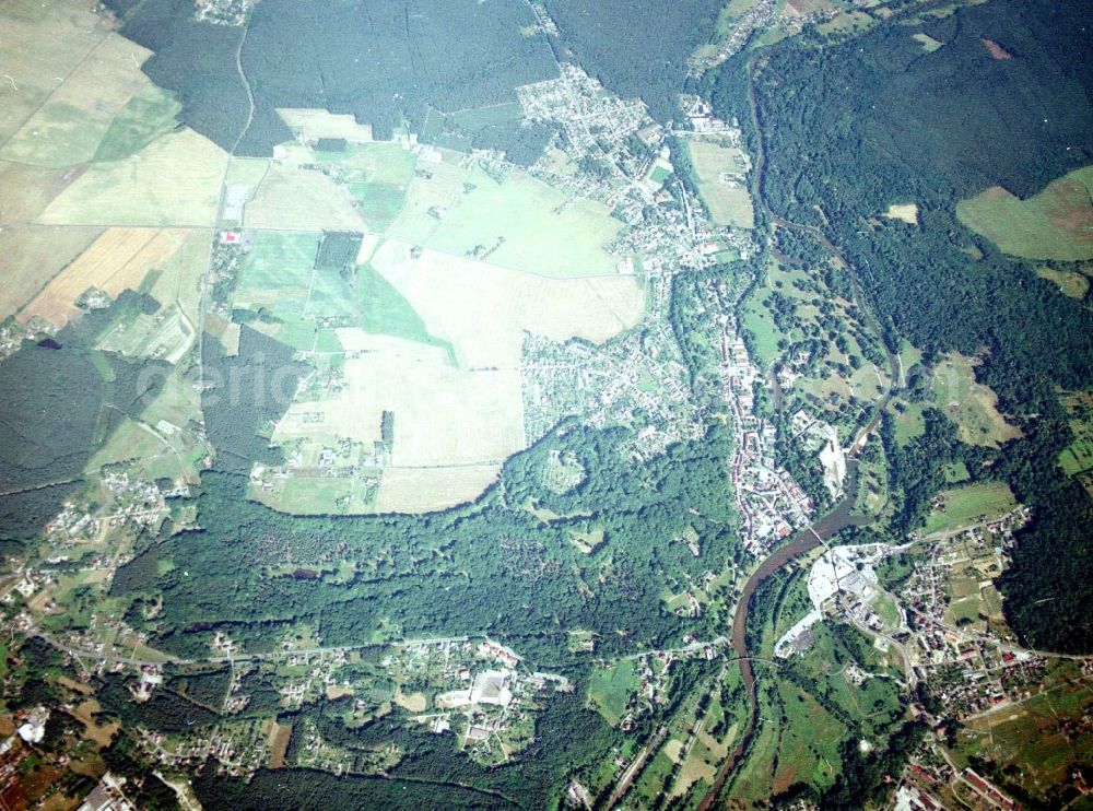 Bad Muskau from above - Building and castle park systems of water castle on Schlossstrasse in Fuerst-Pueckler-Park in Bad Muskau in the state Saxony, Germany