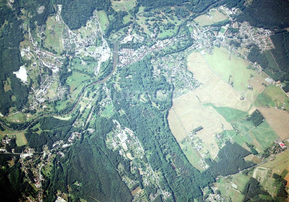 Bad Muskau from above - Building and castle park systems of water castle on Schlossstrasse in Fuerst-Pueckler-Park in Bad Muskau in the state Saxony, Germany