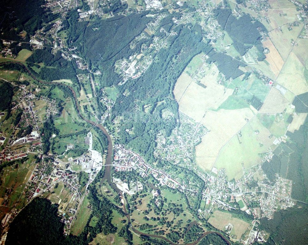 Bad Muskau from above - Building and castle park systems of water castle on Schlossstrasse in Fuerst-Pueckler-Park in Bad Muskau in the state Saxony, Germany