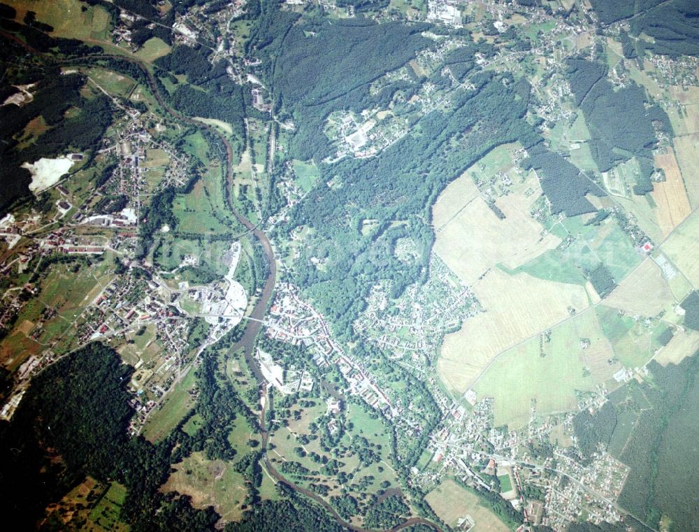 Bad Muskau from the bird's eye view: Building and castle park systems of water castle on Schlossstrasse in Fuerst-Pueckler-Park in Bad Muskau in the state Saxony, Germany