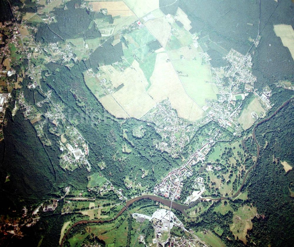 Bad Muskau from above - Building and castle park systems of water castle on Schlossstrasse in Fuerst-Pueckler-Park in Bad Muskau in the state Saxony, Germany