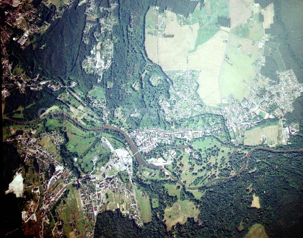 Bad Muskau from the bird's eye view: Building and castle park systems of water castle on Schlossstrasse in Fuerst-Pueckler-Park in Bad Muskau in the state Saxony, Germany