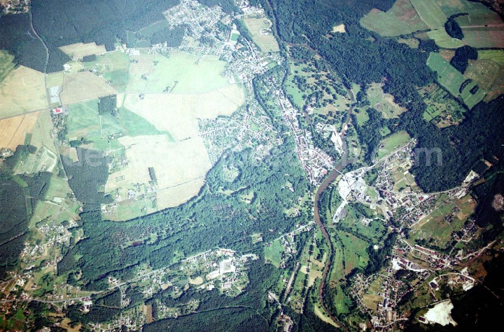 Bad Muskau from above - Building and castle park systems of water castle on Schlossstrasse in Fuerst-Pueckler-Park in Bad Muskau in the state Saxony, Germany