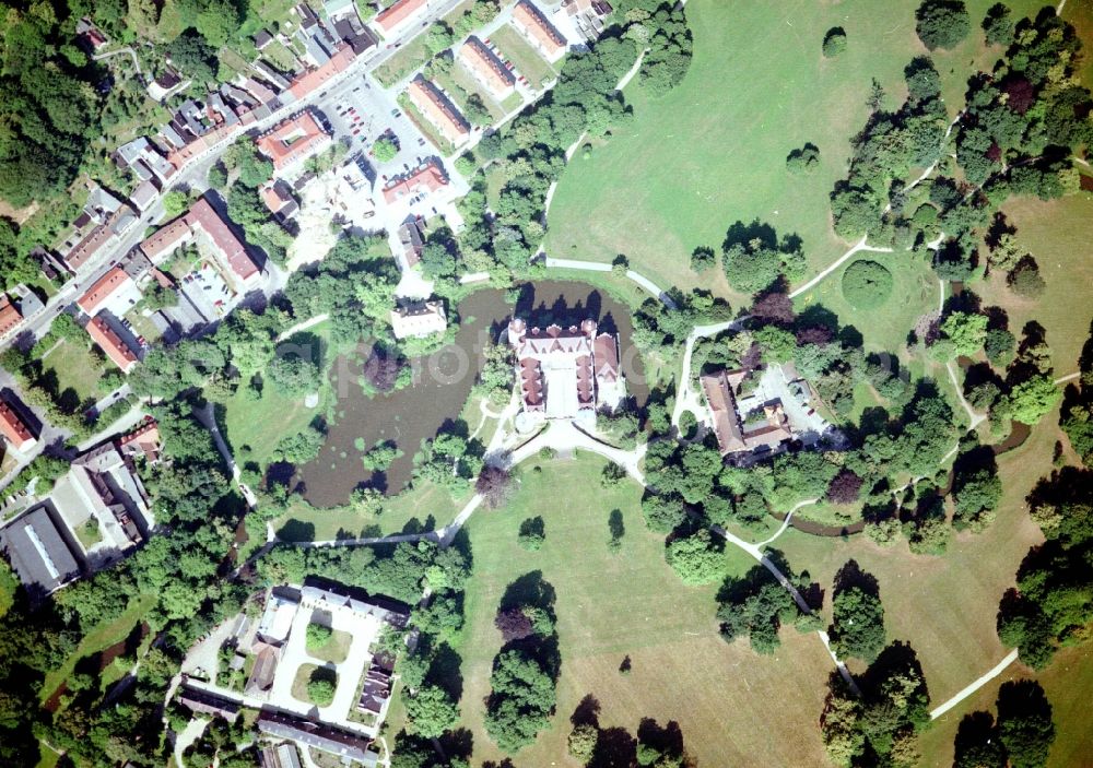 Aerial image Bad Muskau - Building and castle park systems of water castle on Schlossstrasse in Fuerst-Pueckler-Park in Bad Muskau in the state Saxony, Germany