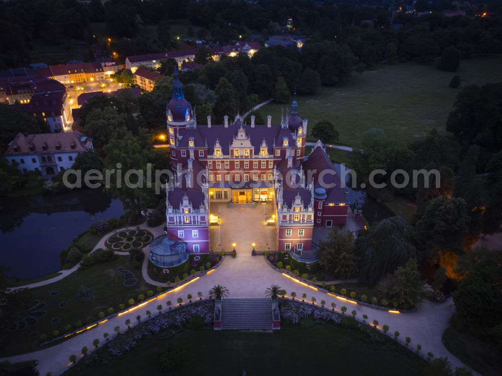 Aerial image Bad Muskau - Building and castle park systems of water castle on Schlossstrasse in Fuerst-Pueckler-Park in Bad Muskau in the state Saxony, Germany