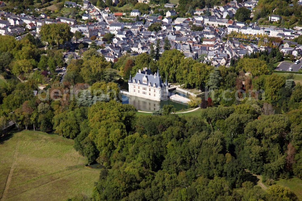 Azay le Rideau from above - Building and castle park systems of water castle Chateau Azay le Rideau in Azay le Rideau in Centre-Val de Loire, France. The two-wing Renaissance building is one of the best known and most beautiful castles of the Loire Region, although it is on the river Indre