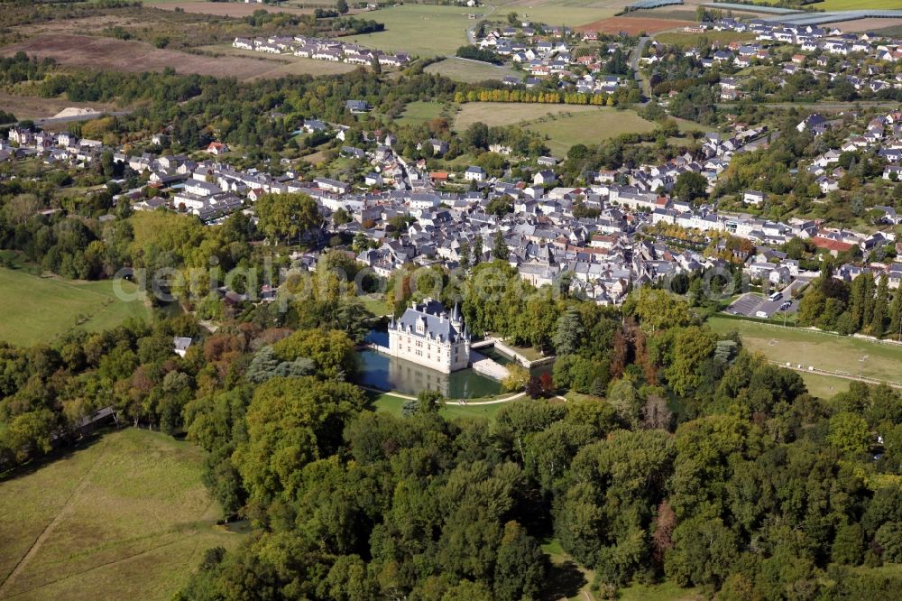 Azay le Rideau from the bird's eye view: Building and castle park systems of water castle Chateau Azay le Rideau in Azay le Rideau in Centre-Val de Loire, France. The two-wing Renaissance building is one of the best known and most beautiful castles of the Loire Region, although it is on the river Indre