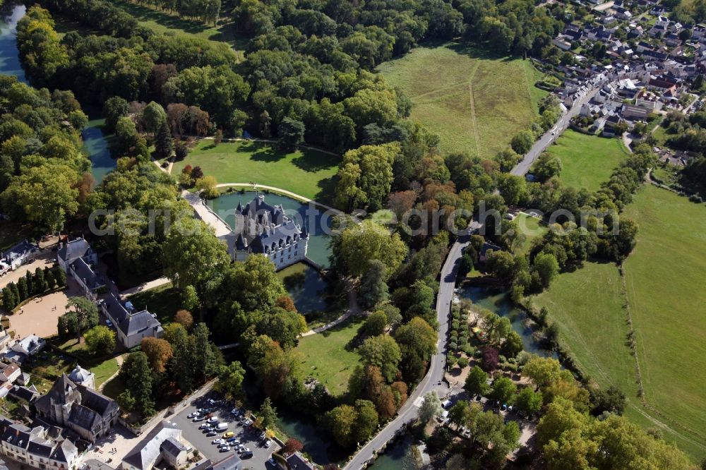 Azay le Rideau from above - Building and castle park systems of water castle Chateau Azay le Rideau in Azay le Rideau in Centre-Val de Loire, France. The two-wing Renaissance building is one of the best known and most beautiful castles of the Loire Region, although it is on the river Indre