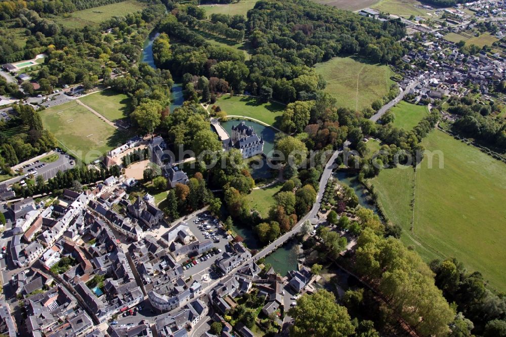 Azay le Rideau from the bird's eye view: Building and castle park systems of water castle Chateau Azay le Rideau in Azay le Rideau in Centre-Val de Loire, France. The two-wing Renaissance building is one of the best known and most beautiful castles of the Loire Region, although it is on the river Indre