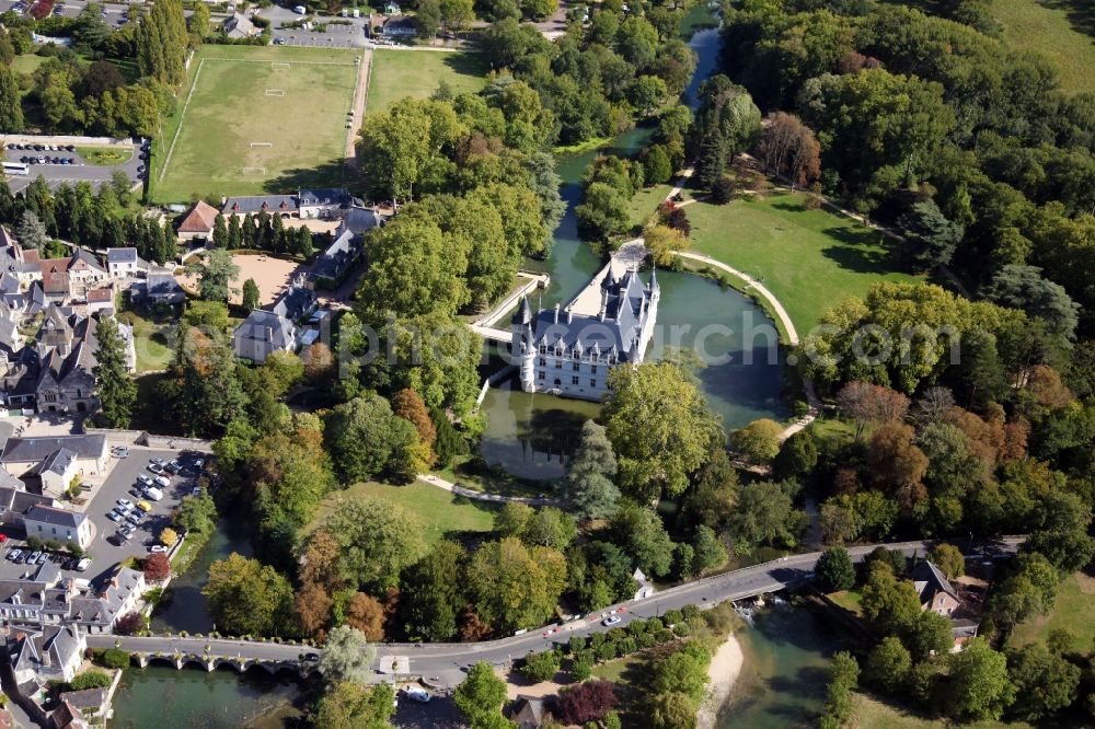 Azay le Rideau from above - Building and castle park systems of water castle Chateau Azay le Rideau in Azay le Rideau in Centre-Val de Loire, France. The two-wing Renaissance building is one of the best known and most beautiful castles of the Loire Region, although it is on the river Indre