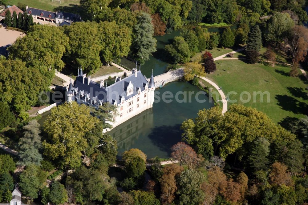 Azay le Rideau from the bird's eye view: Building and castle park systems of water castle Chateau Azay le Rideau in Azay le Rideau in Centre-Val de Loire, France. The two-wing Renaissance building is one of the best known and most beautiful castles of the Loire Region, although it is on the river Indre