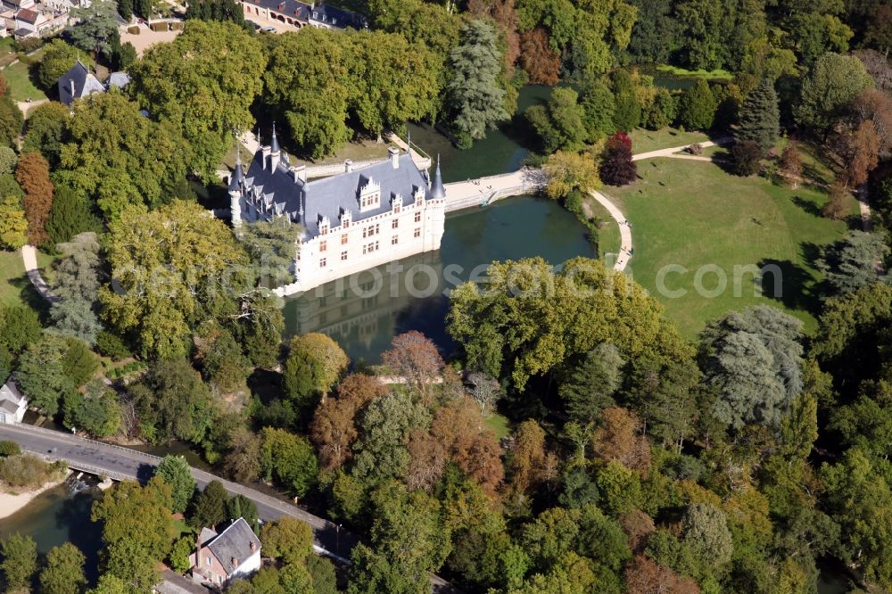 Aerial image Azay le Rideau - Building and castle park systems of water castle Chateau Azay le Rideau in Azay le Rideau in Centre-Val de Loire, France. The two-wing Renaissance building is one of the best known and most beautiful castles of the Loire Region, although it is on the river Indre