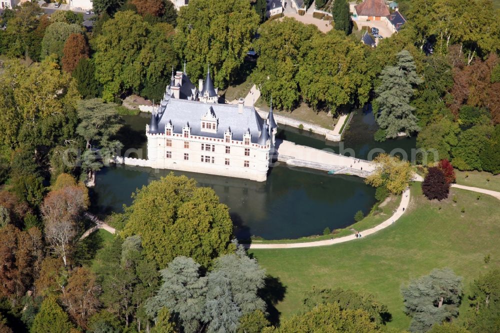 Azay le Rideau from above - Building and castle park systems of water castle Chateau Azay le Rideau in Azay le Rideau in Centre-Val de Loire, France. The two-wing Renaissance building is one of the best known and most beautiful castles of the Loire Region, although it is on the river Indre