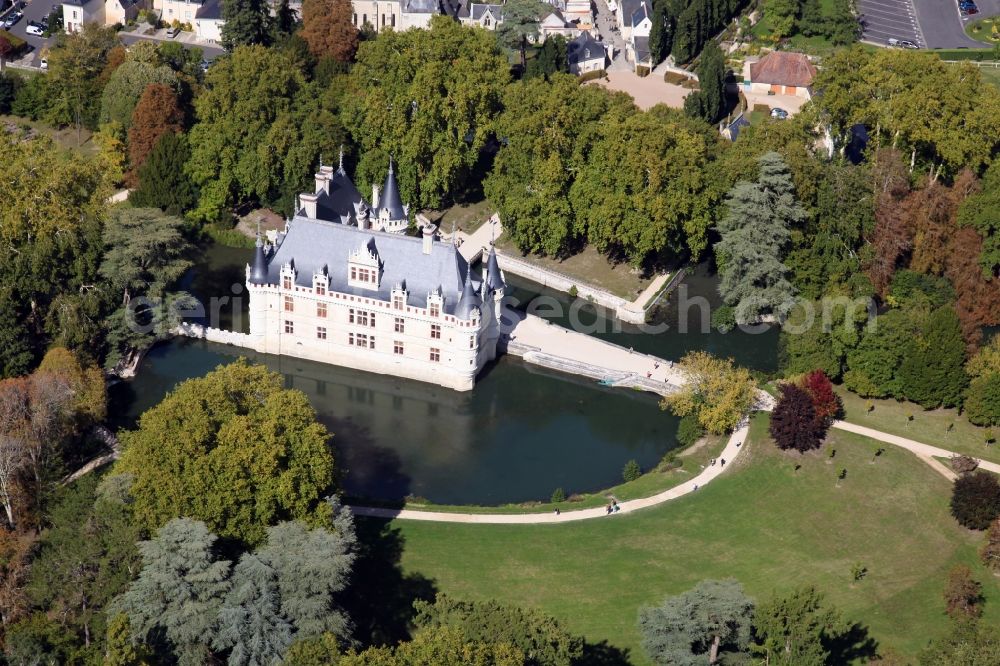 Azay le Rideau from the bird's eye view: Building and castle park systems of water castle Chateau Azay le Rideau in Azay le Rideau in Centre-Val de Loire, France. The two-wing Renaissance building is one of the best known and most beautiful castles of the Loire Region, although it is on the river Indre