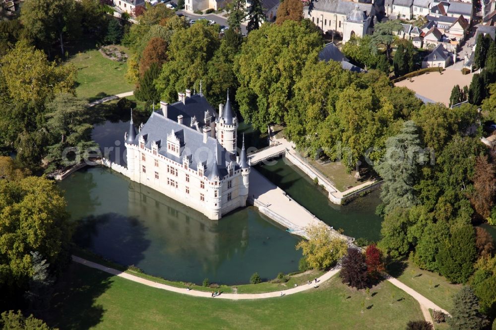 Azay le Rideau from above - Building and castle park systems of water castle Chateau Azay le Rideau in Azay le Rideau in Centre-Val de Loire, France. The two-wing Renaissance building is one of the best known and most beautiful castles of the Loire Region, although it is on the river Indre