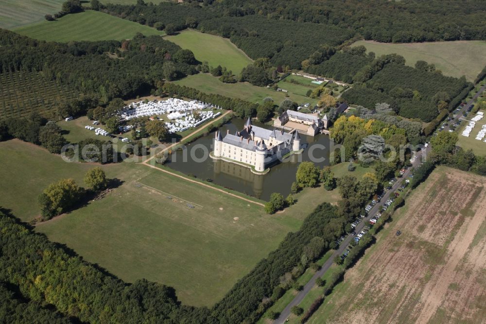 Ecuille from above - Building and castle park systems of water castle Chateau du Plessis bourre in Ecuille in Pays de la Loire, France. The feudal dwelling was completed within five years in the outgoing Middle Ages and presents itself virtually unchanged to the visitor of today. The builder was Jean Bourre