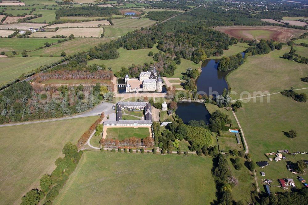 Aerial image Saint-Georges-sur-Loire - Building and castle park systems of water castle Chateau de Serrant in Saint-Georges-sur-Loire in Pays de la Loire, France. An important and symbolic work of renaissance architecture