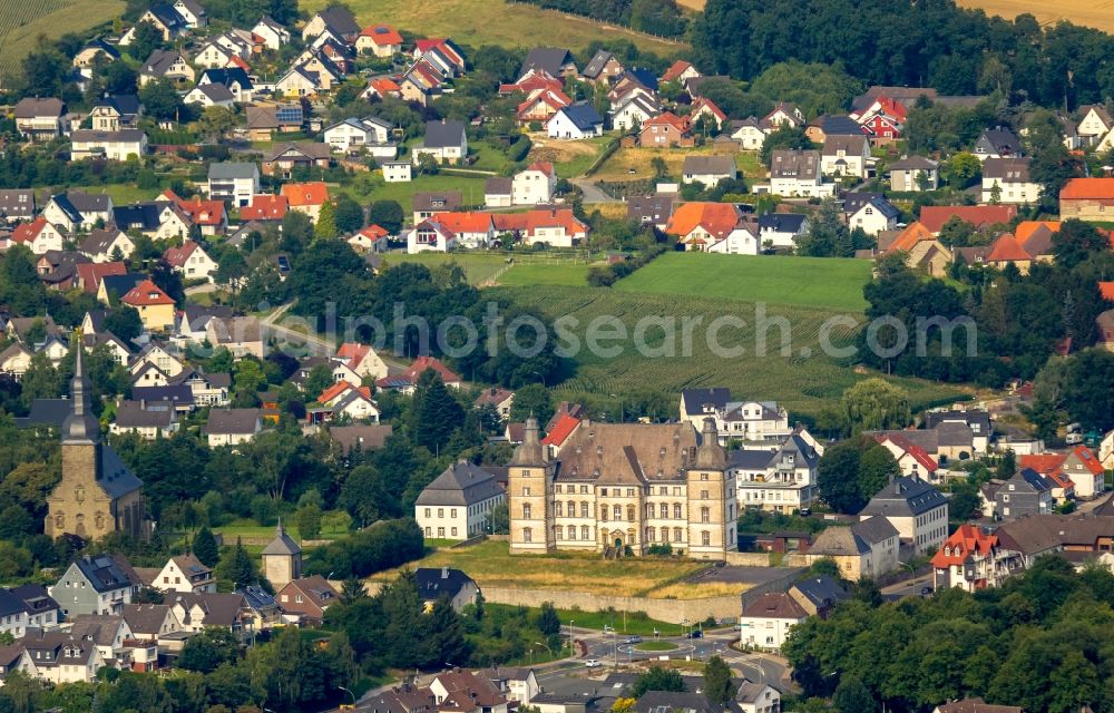 Warstein from above - Building and castle park systems of water castle Deutschordensschloss in Muelheim in Warstein in the state North Rhine-Westphalia