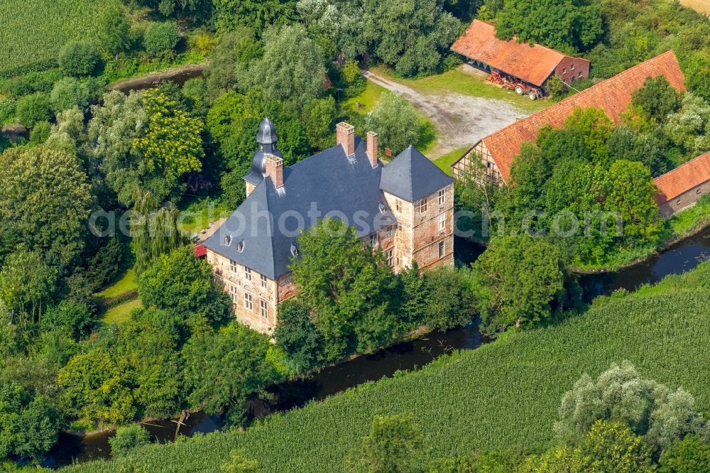 Welver from above - Building and castle park systems of water castle Haus Nehlen in Welver in the state North Rhine-Westphalia