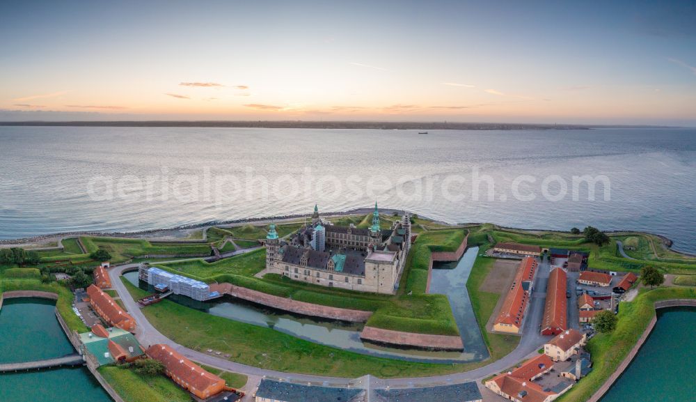 Helsingör from the bird's eye view: Building and castle park systems of water castle on street Kronborg in Helsingoer in Region Hovedstaden, Denmark