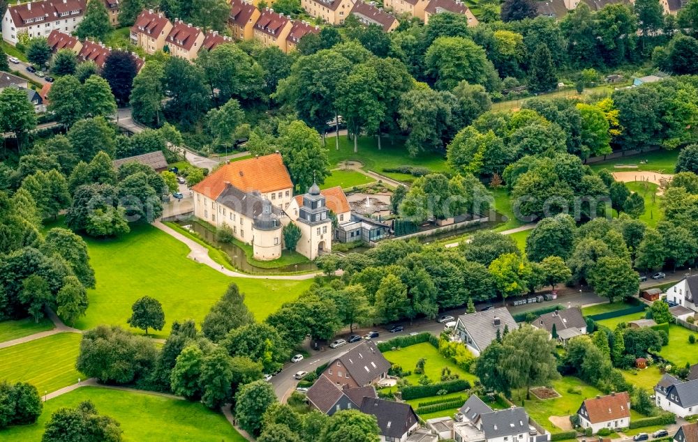 Schwelm from above - Building and castle park systems of water castle in Schwelm in the state North Rhine-Westphalia