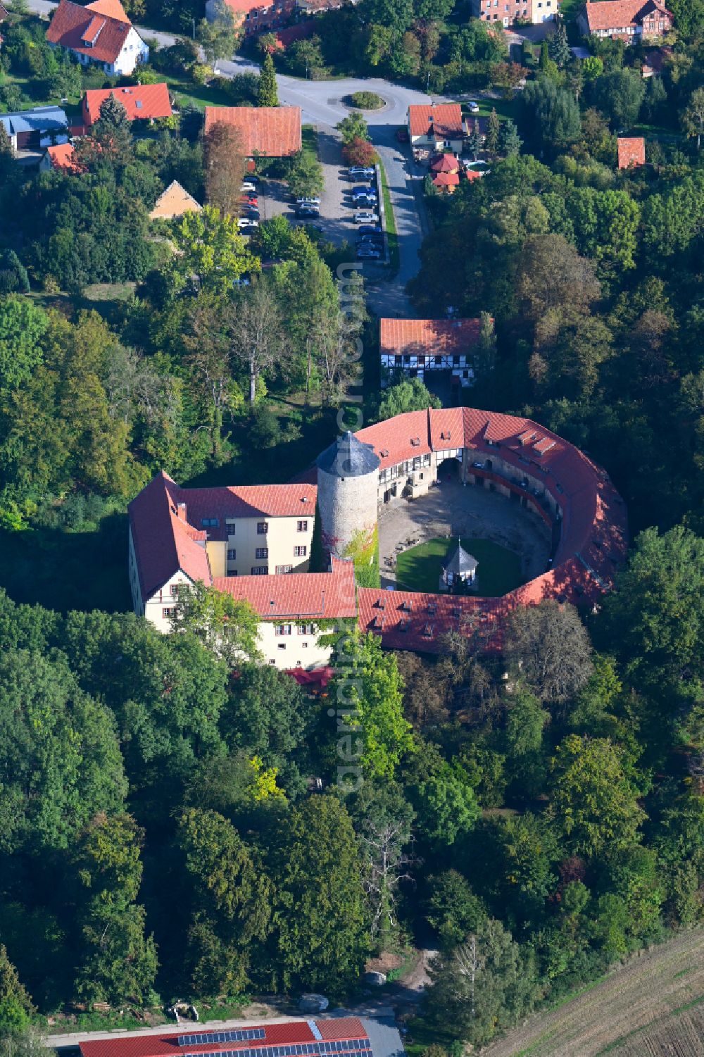 Westerburg from above - Building and castle park systems of water castle in Westerburg in the state Saxony-Anhalt, Germany