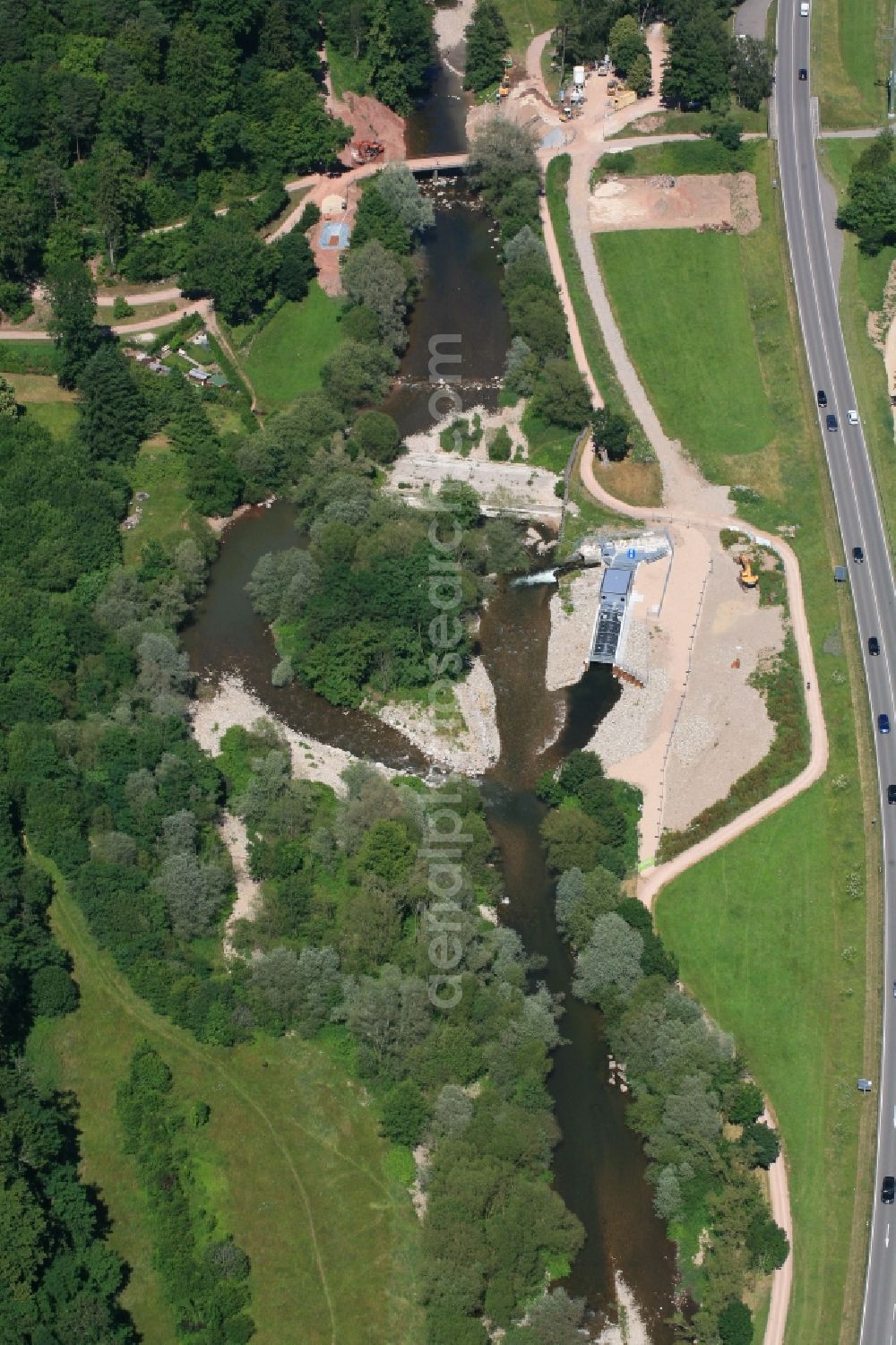 Maulburg from the bird's eye view: Construction works for the hydroelectric power plant at the river Wiese in Maulburg in the state Baden-Wurttemberg, Germany