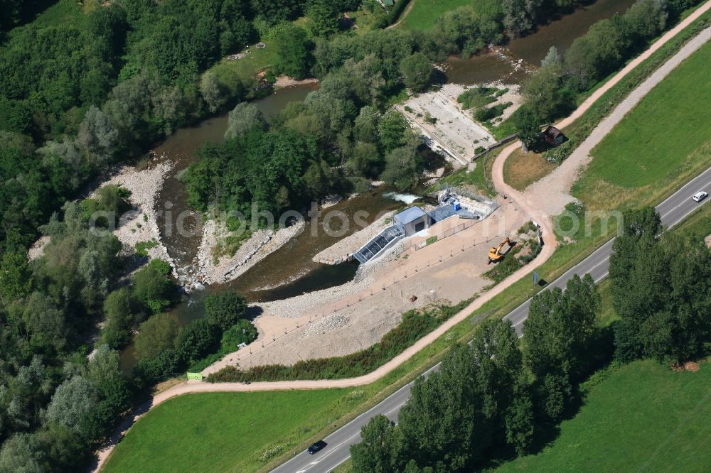 Maulburg from above - Construction works for the hydroelectric power plant at the river Wiese in Maulburg in the state Baden-Wurttemberg, Germany