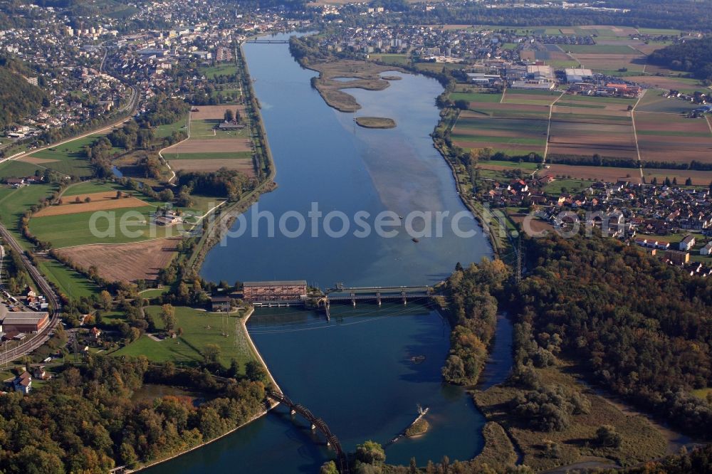 Aerial image Klingnau - Structure and dams of the hydroelectric power plant KRA at the river Aare in Klingnau in the canton Aargau, Switzerland