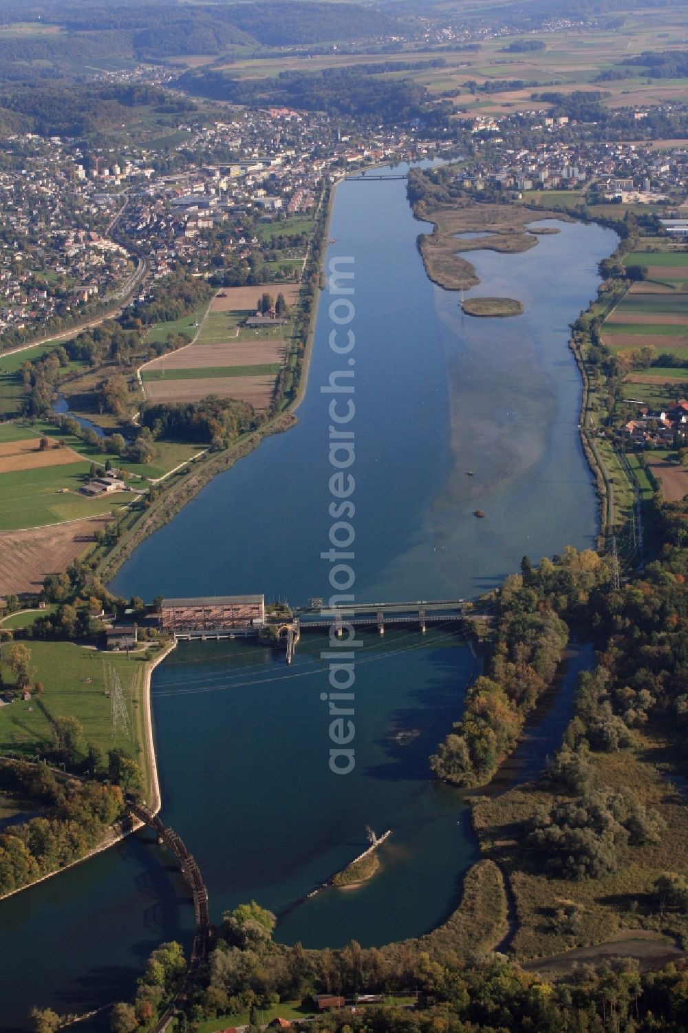 Aerial photograph Klingnau - Structure and dams of the hydroelectric power plant KRA at the river Aare in Klingnau in the canton Aargau, Switzerland