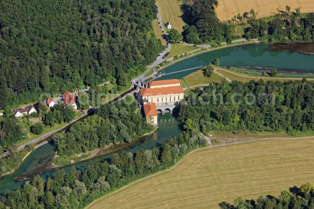 Aerial photograph Straßlach-Dingharting - Structure and dams of the waterworks and hydroelectric power plant MNuehltal in Strasslach-Dingharting in the state Bavaria Protected monument and dams of the hydropower plant Muehltal in Muehltal channel near Strasslach-Dingharting in the state Bavaria. In addition to the power plant, the longest raft slide in Europe is a tourist attraction for the passengers of the excursion rafts on the way from Wolfratshausen to Munich. In the background Chapel of St. Ulrich and Gasthaus zur Muehle