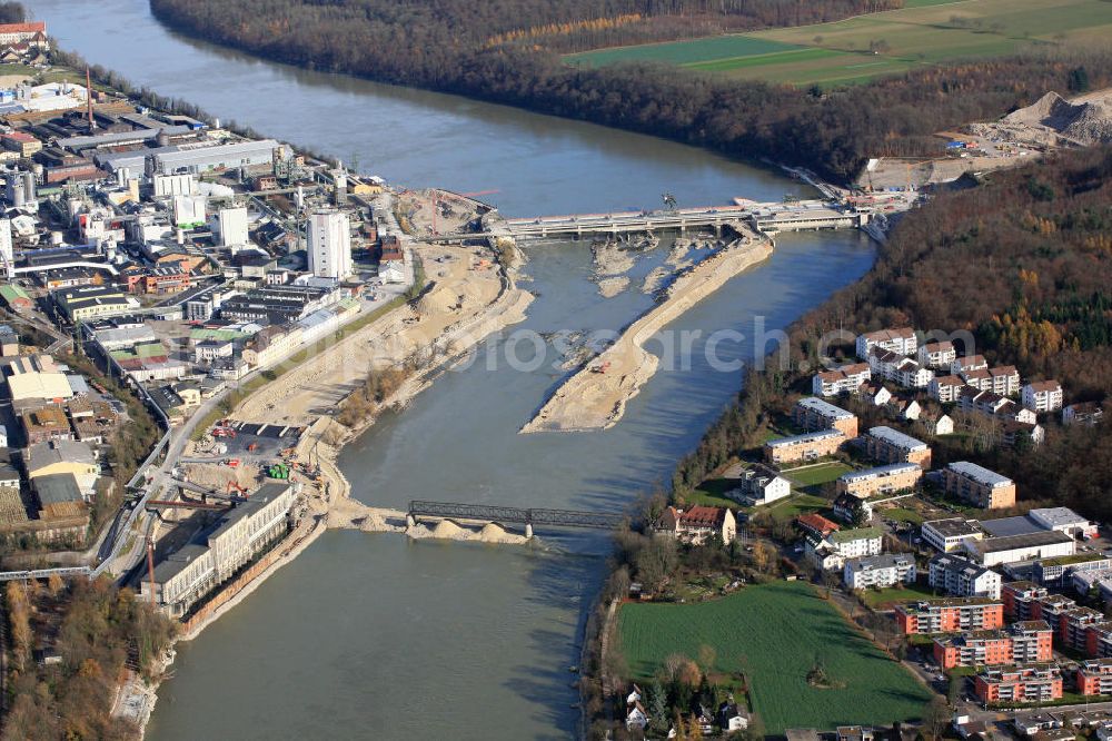 Aerial image Rheinfelden - Baustelle Wasserkraftwerk Rheinfelden zwischen den beiden gegenüberliegenden Städten Rheinfelden AG auf der Schweizer Seite und Rheinfelden (Baden) auf der deutschen Seite des Hochrheins. Größte Wasserkraftbaustelle Europas. Construction site of the hydropower plant in Rheinfelden.