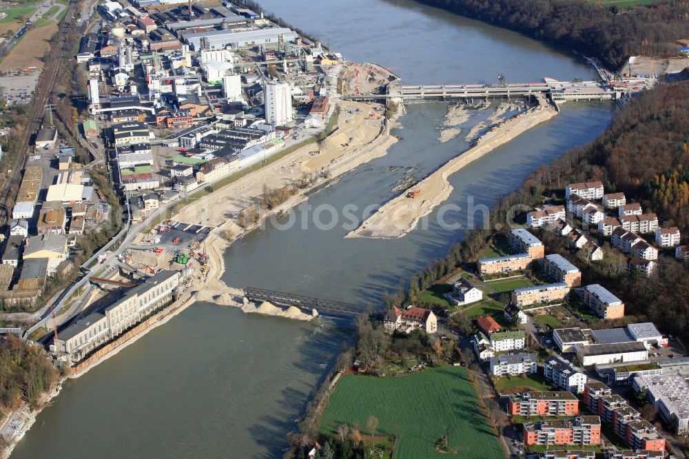 Aerial photograph Rheinfelden - Baustelle Wasserkraftwerk Rheinfelden zwischen den beiden gegenüberliegenden Städten Rheinfelden AG auf der Schweizer Seite und Rheinfelden (Baden) auf der deutschen Seite des Hochrheins. Größte Wasserkraftbaustelle Europas. Construction site of the hydropower plant in Rheinfelden.