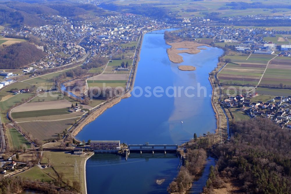 Klingnau from above - Dam and shore areas at the river Aare with Klingnauer Reservoir in Klingnau in the canton Aargau, Switzerland