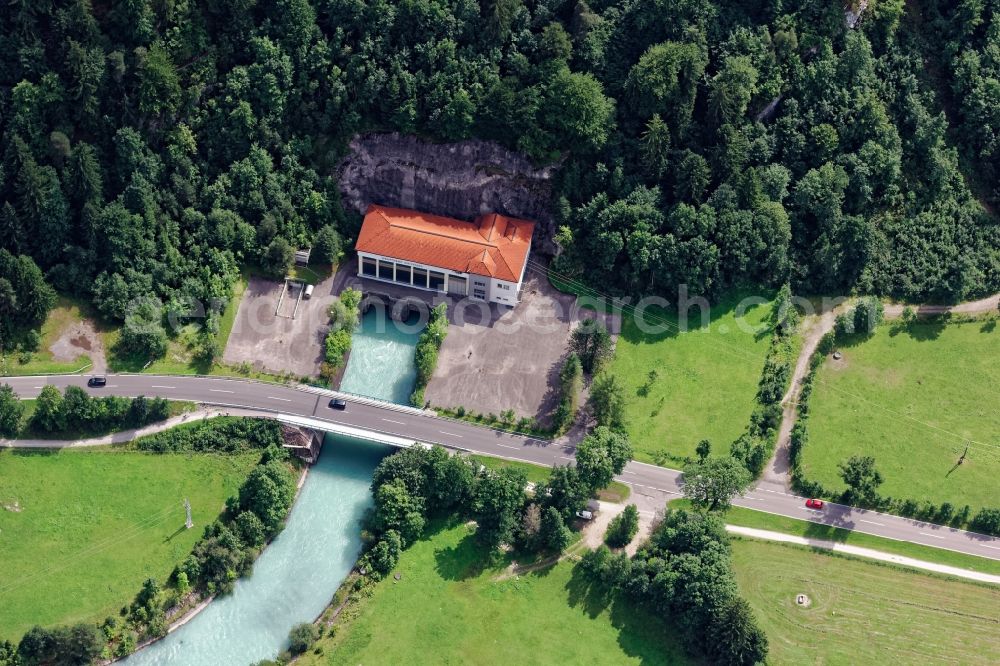 Unterpinswang from the bird's eye view: Structure and dams of the waterworks and hydroelectric power plant in Unterpinswang in Tirol, Austria