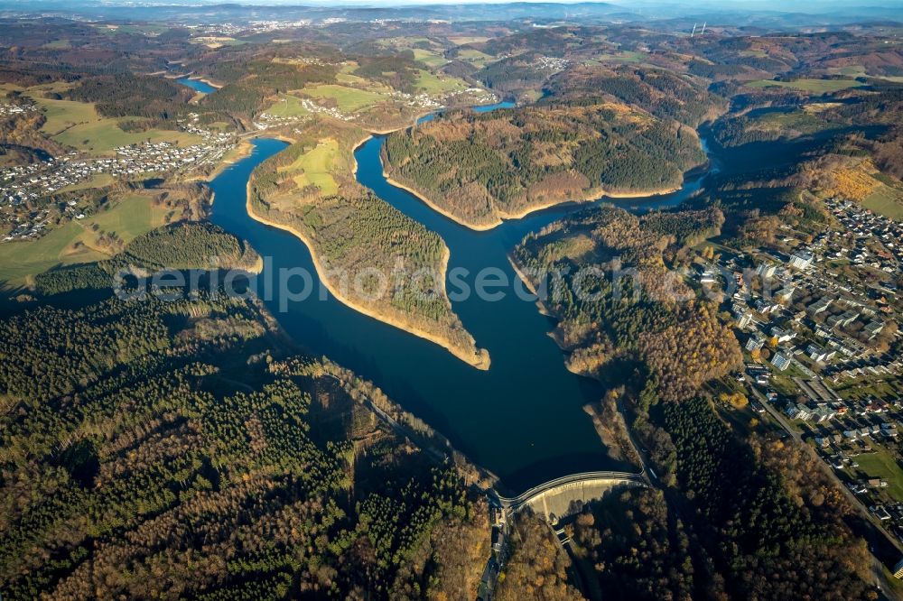 Gummersbach from above - Low water level and lack of water caused the shoreline areas to be exposed of Aggertalsperre in Gummersbach in the state North Rhine-Westphalia, Germany